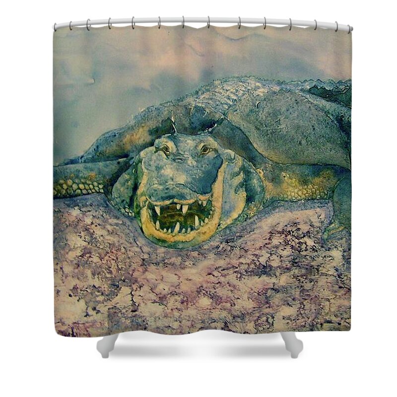 Alligator Shower Curtain featuring the painting Grinning Gator by Amy Stielstra