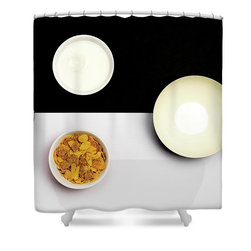 Breakfast Shower Curtain featuring the photograph Group ceramic bowls with healthy cereal breakfast by Michalakis Ppalis