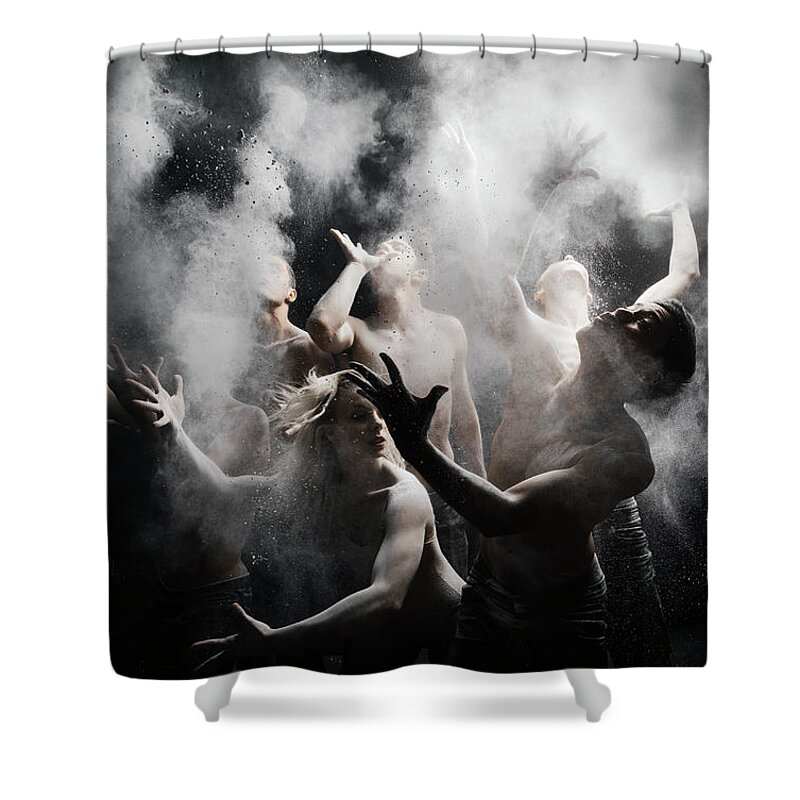 Young Men Shower Curtain featuring the photograph Group Of Dancers With White Powder by Henrik Sorensen