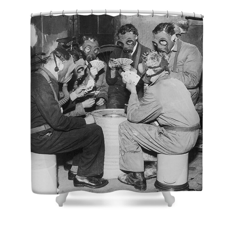 Young Men Shower Curtain featuring the photograph Group Of Men Playing Cards, Wearing Gas by Fpg