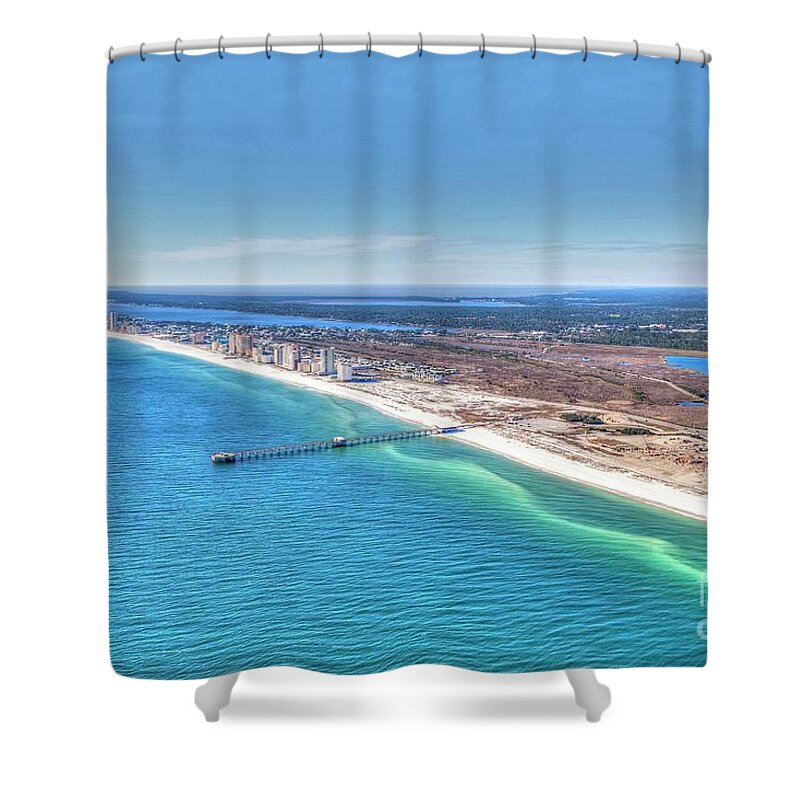  Shower Curtain featuring the photograph GSP Pier and Beach by Gulf Coast Aerials -