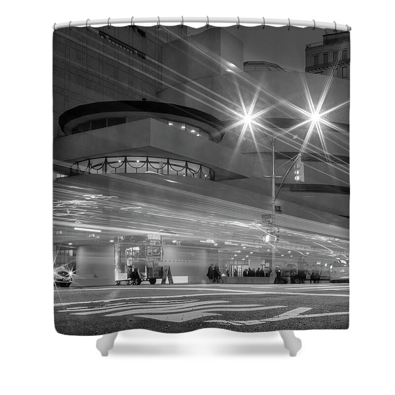 Guggenheim Shower Curtain featuring the photograph Guggenheim Museum NYC Light Streaks BW by Susan Candelario