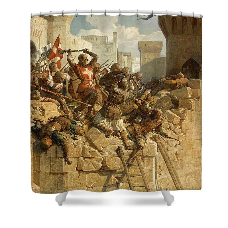 Papety Shower Curtain featuring the painting Guillaume de Clermont defend la ville d'Acre, 1291 by Dominique Louis Fereol Papety