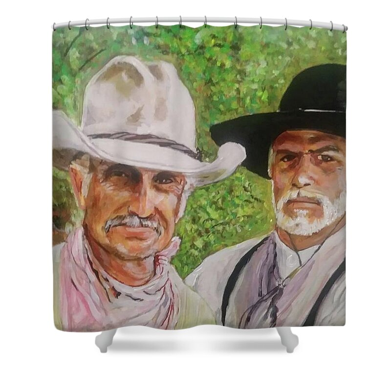 Cowboys Shower Curtain featuring the painting Gus and Woodrow by Mike Benton
