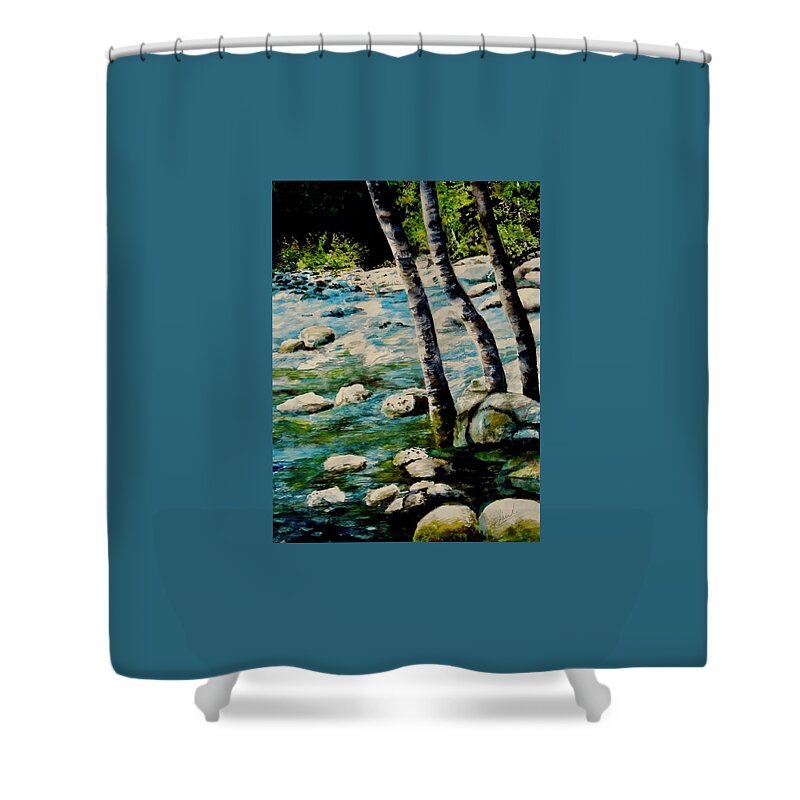 Rocky Waterfall Shower Curtain featuring the painting Gushing Waters by Sher Nasser