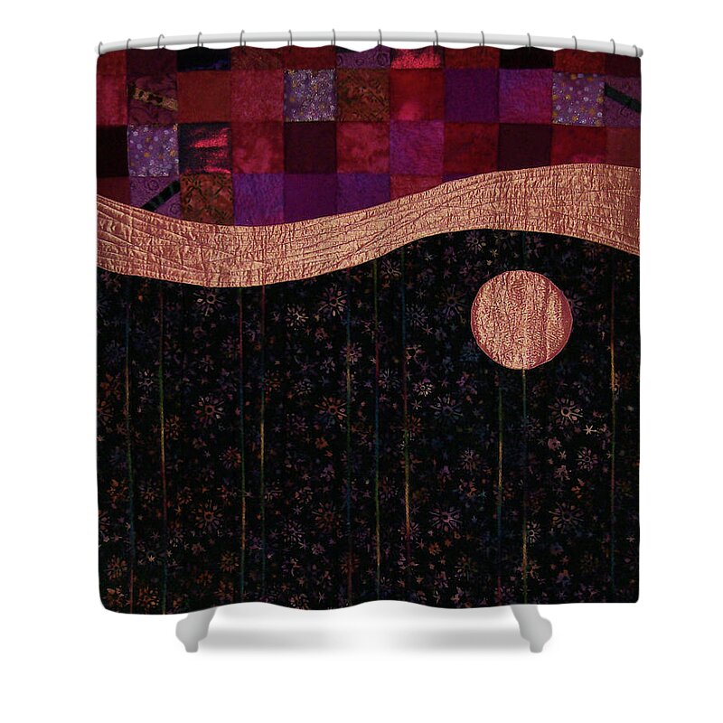 Art Quilt Shower Curtain featuring the tapestry - textile Gypsy Moon by Pam Geisel