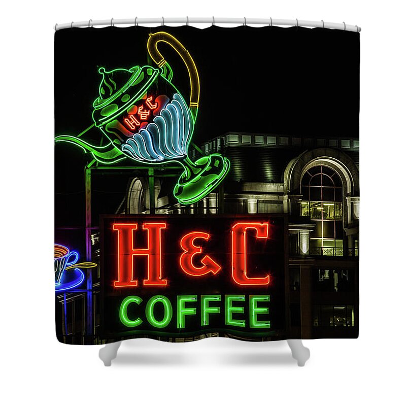 H&c Coffee Sign Shower Curtain featuring the photograph H and C Coffee Sign Roanoke Virginia by Julieta Belmont