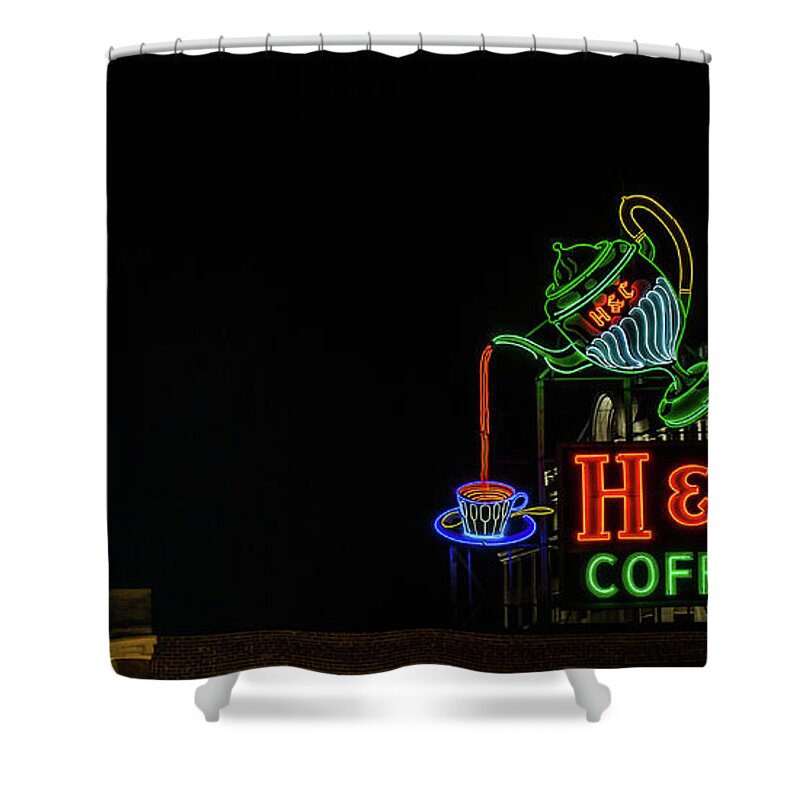 Neon Sign Shower Curtain featuring the photograph H C Coffee sign and Dr Pepper Roanoke virginia by Julieta Belmont