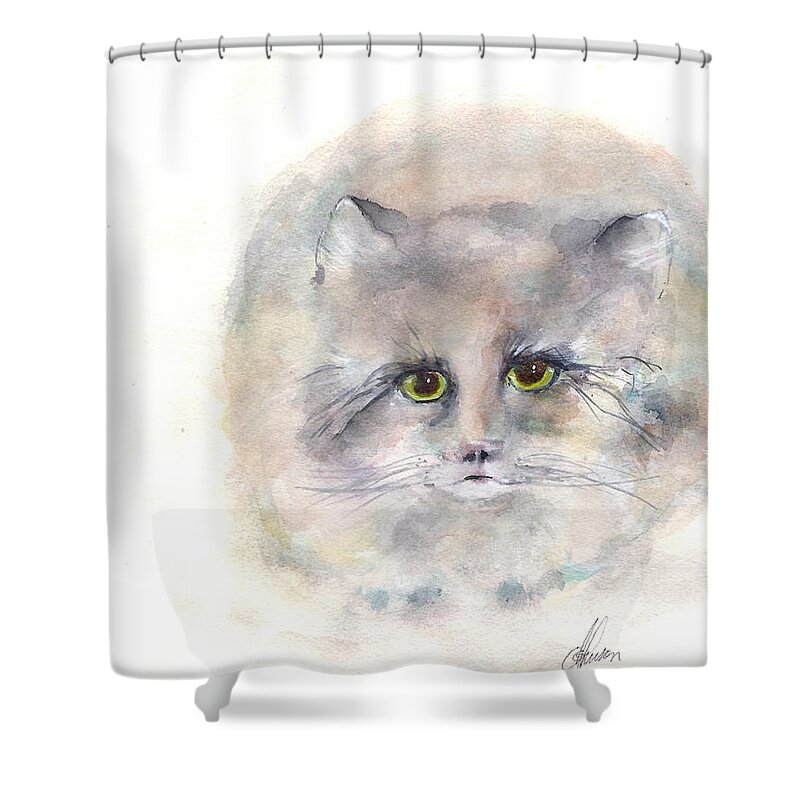 Grey Cat Portrait Shower Curtain featuring the painting Hairy by Susan Blackaller-Johnson