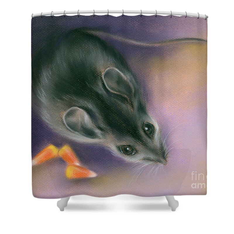 Animal Shower Curtain featuring the painting Halloween Mouse with Candy Corn by MM Anderson
