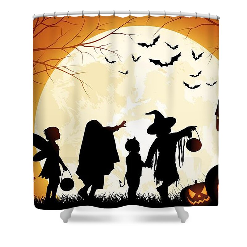 High Resolution Shower Curtain featuring the drawing Halloween Trick Or Treat Full Moon Costumes Bats Pumpkin Heads And Castle Ultra HD by Hi Res