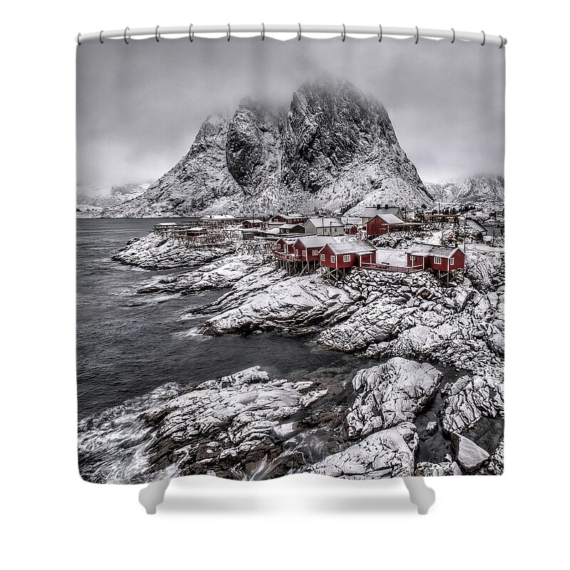 Hamnoy Shower Curtain featuring the photograph Hamnoy Snow Scene by Roberta Kayne