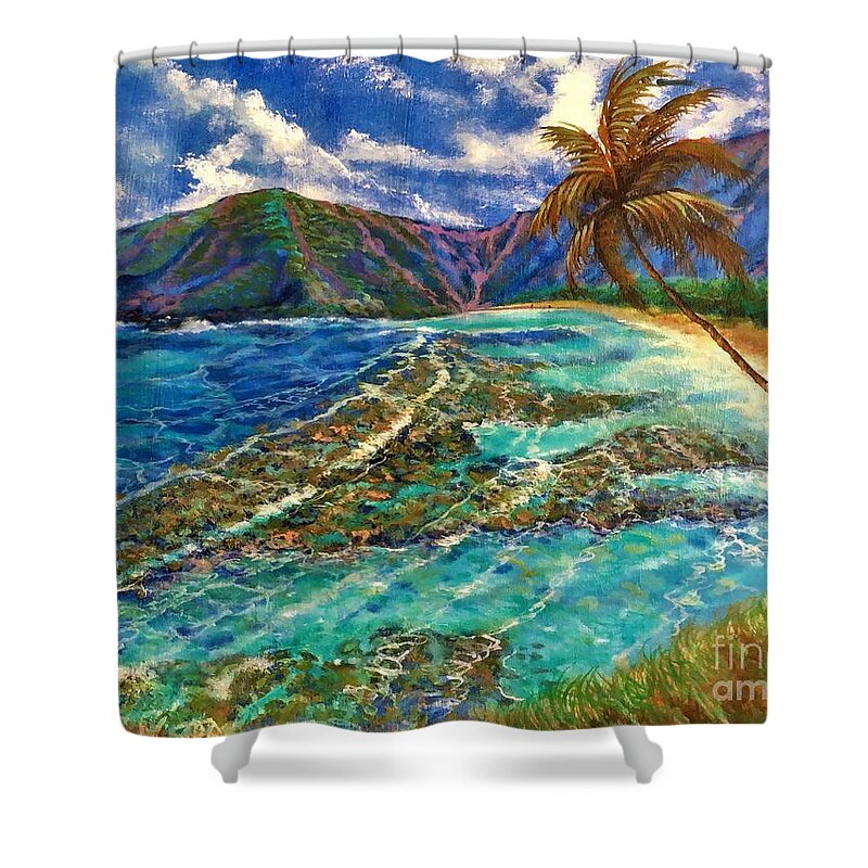 Hanauma Bay Hawaii Seascape Shower Curtain featuring the painting Hanauma Bay Hawaii by Leland Castro