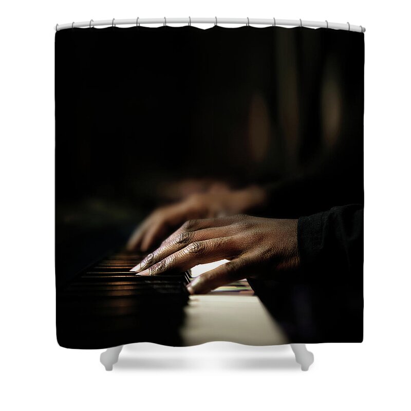 Pianist Shower Curtain featuring the photograph Hands playing piano close-up by Johan Swanepoel