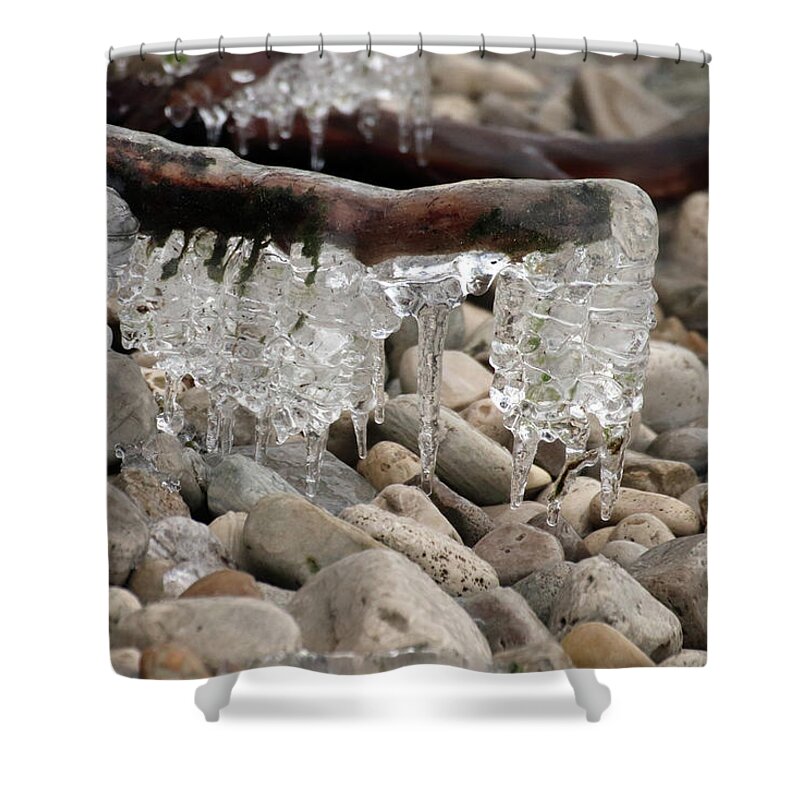 Hanging Ice Shower Curtain featuring the photograph Hanging Ice Forms on Stone Beach by David T Wilkinson