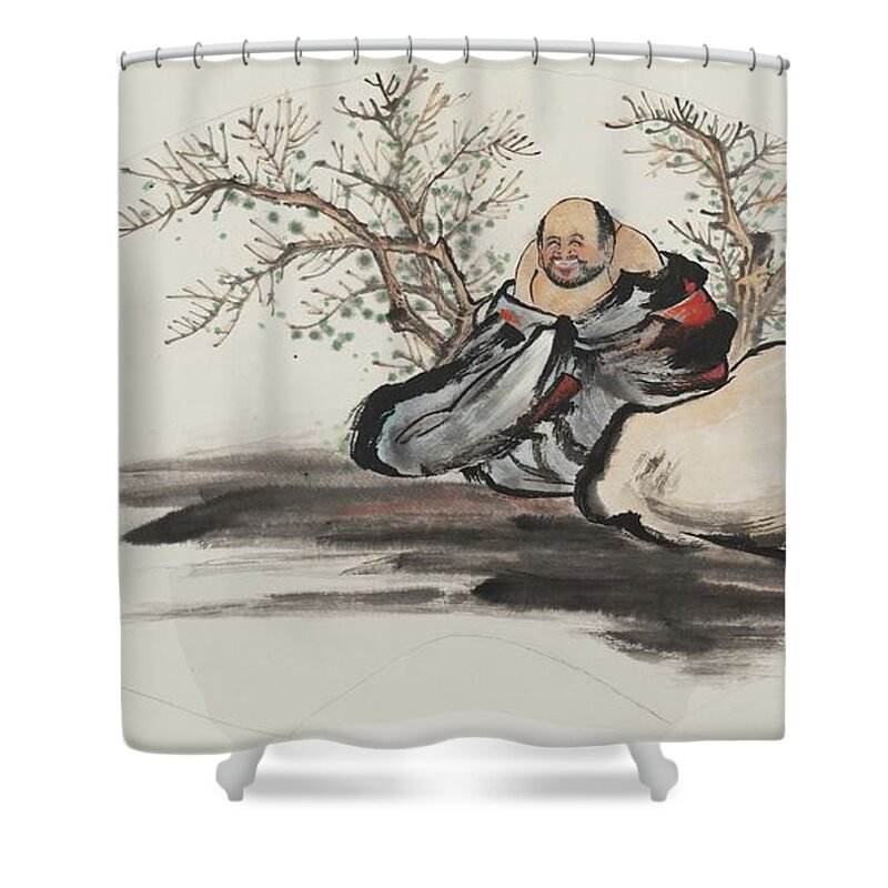 Chinese Watercolor Shower Curtain featuring the painting Happy Wandering Buddha #2 by Jenny Sanders