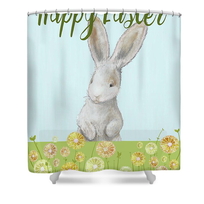 Happy Shower Curtain featuring the mixed media Happy Easter Bunny I by Diannart
