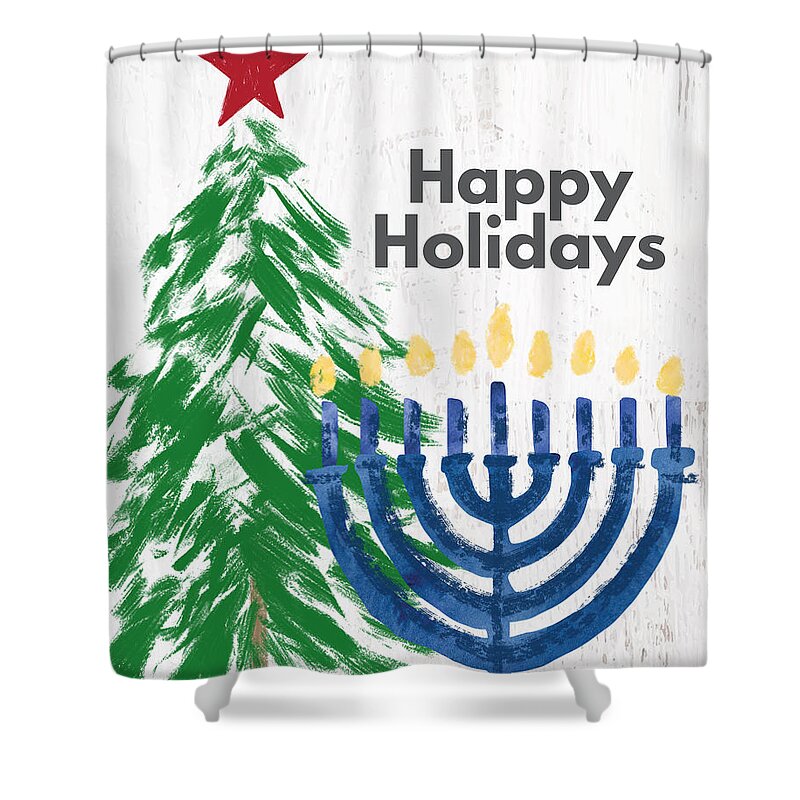Holidays Shower Curtain featuring the mixed media Happy Holidays Tree and Menorah- Art by Linda Woods by Linda Woods