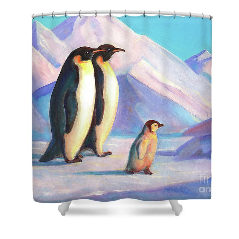 Penguin Shower Curtain featuring the painting Happy Penguin Family by Svitozar Nenyuk