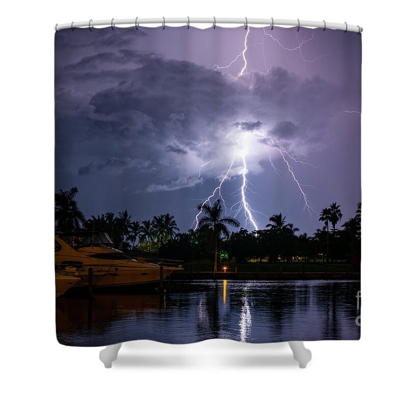 Lightning Shower Curtain featuring the photograph Harbour Nights by Quinn Sedam