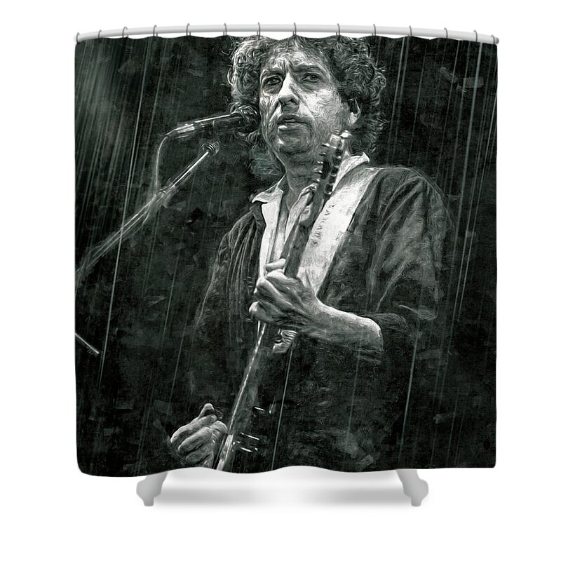 Bob Dylan Shower Curtain featuring the mixed media Hard Rain by Mal Bray