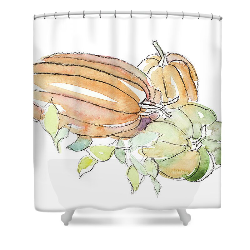 Harvest Shower Curtain featuring the mixed media Harvest Pumpkin And Squash I by Lanie Loreth