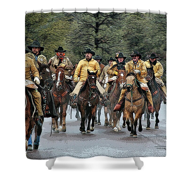 Pony Express Re-enactment Shower Curtain featuring the photograph Hashknife Riders by Matalyn Gardner