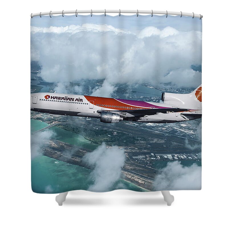 Hawaiian Airlines Shower Curtain featuring the mixed media Hawaiian Airlines L-1011 TriStar by Erik Simonsen