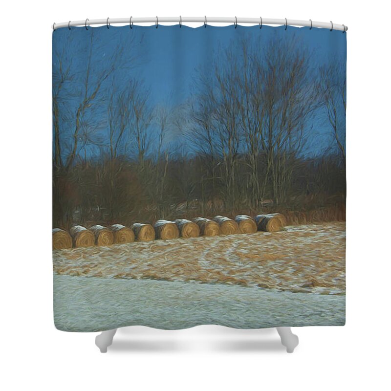 Hay Rolls Shower Curtain featuring the photograph Hay Rolls In Snow by Alan Goldberg
