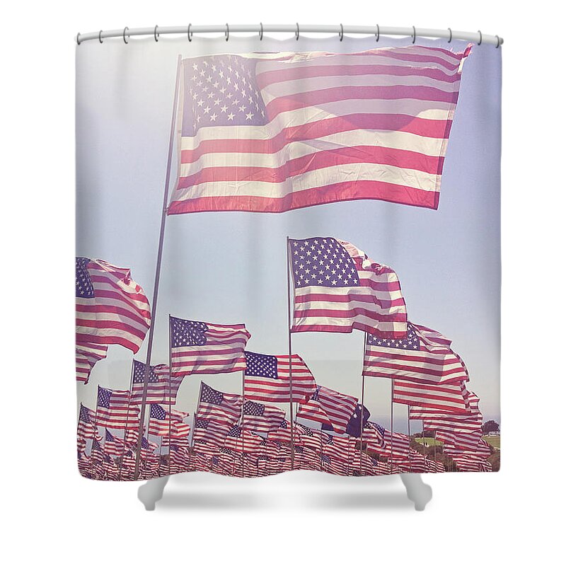 Wind Shower Curtain featuring the photograph Hazy Field Of Flags by Denise Taylor