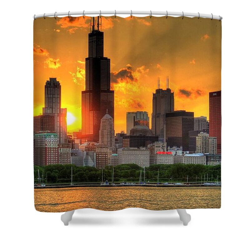 Tranquility Shower Curtain featuring the photograph Hdr Chicago Skyline Sunset by Jeffrey Barry