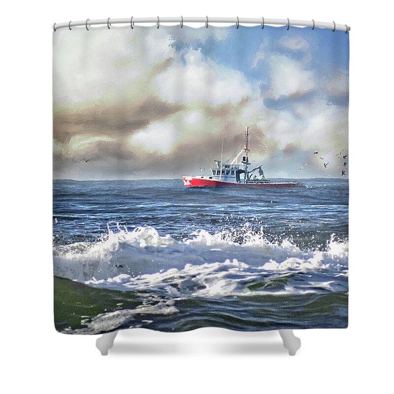 Fishing Boat Shower Curtain featuring the painting Heading for Port by Jeanette Mahoney