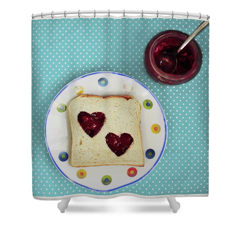 Breakfast Shower Curtain featuring the photograph Heart Shaped Jam On Toast by Julia Davila-lampe