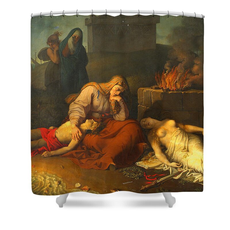 Karl Russ Shower Curtain featuring the painting Hecabe with the corpses of her children Polyxena and Polydoros at the tomb of Achilles by Karl Russ