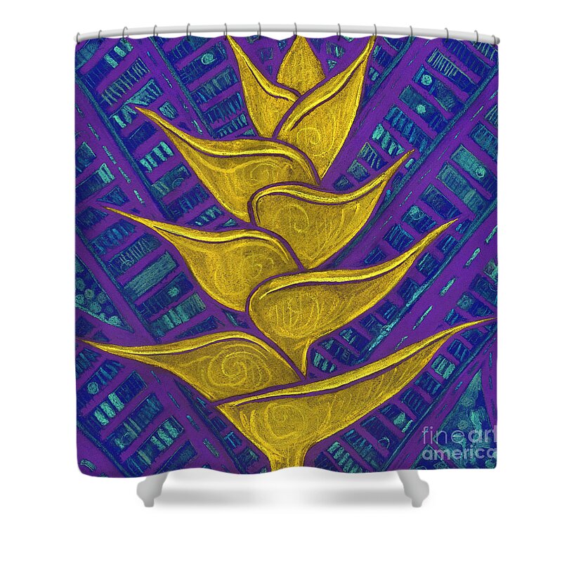 Contemporary Floral Shower Curtain featuring the digital art Heliconia Golden Yellow Purple by Julia Khoroshikh