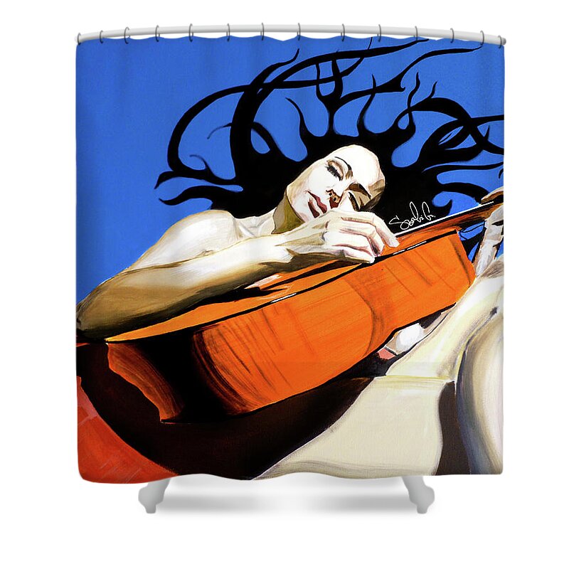 Hair Art Woman Girl Lady Lover Love Sexy Nude Blue Orange Tribal Fire Guitar Acoustic Folk Rock Country Jazz Music Musician Notes Strings Eyes Lips Legs Couch Cool Hot Colors Colorful Shower Curtain featuring the painting Her Guitar by Sergio Gutierrez