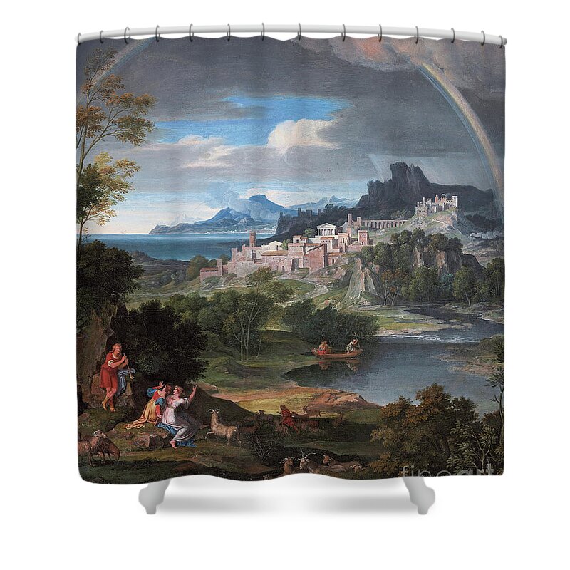 Rainbow Shower Curtain featuring the painting Heroic landscape with rainbow, 1806 by Joseph Anton Koch