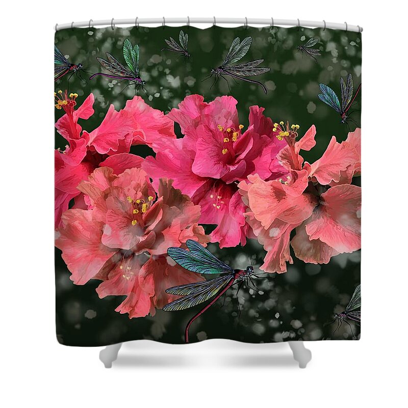 Dragonfly Shower Curtain featuring the drawing Hibiscus Fluttering with Dragonflies by Joan Stratton