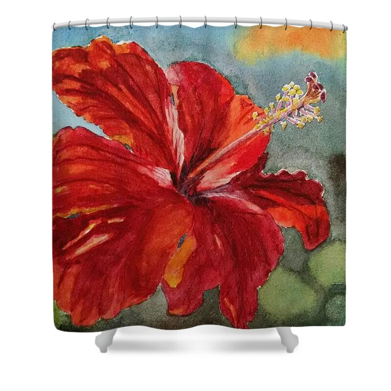 Hibiscus Shower Curtain featuring the painting Red Hibiscus by Helian Cornwell