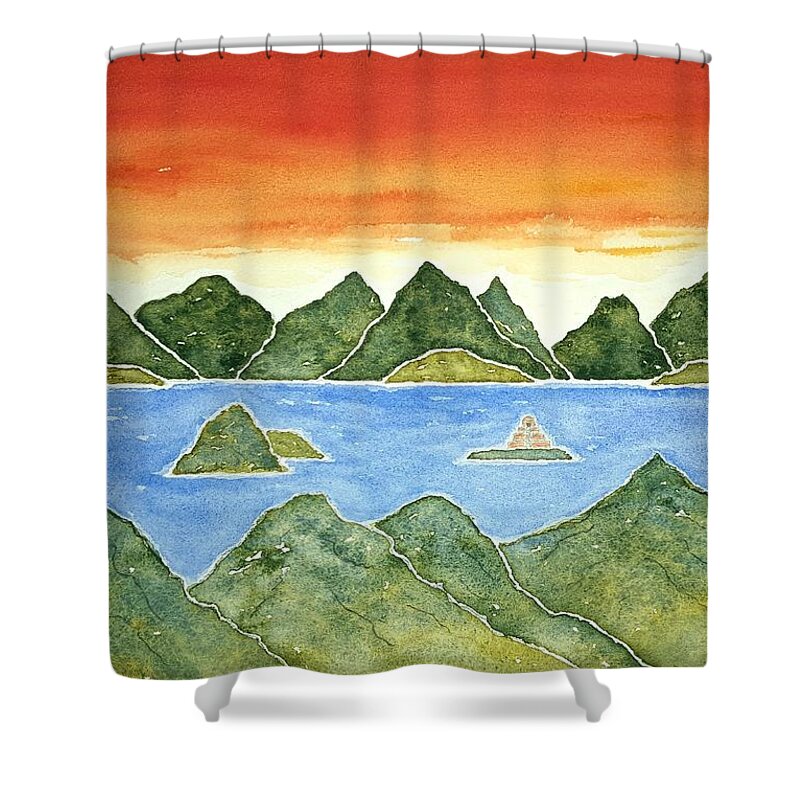 Watercolor Shower Curtain featuring the painting Hidden Islands Lore by John Klobucher
