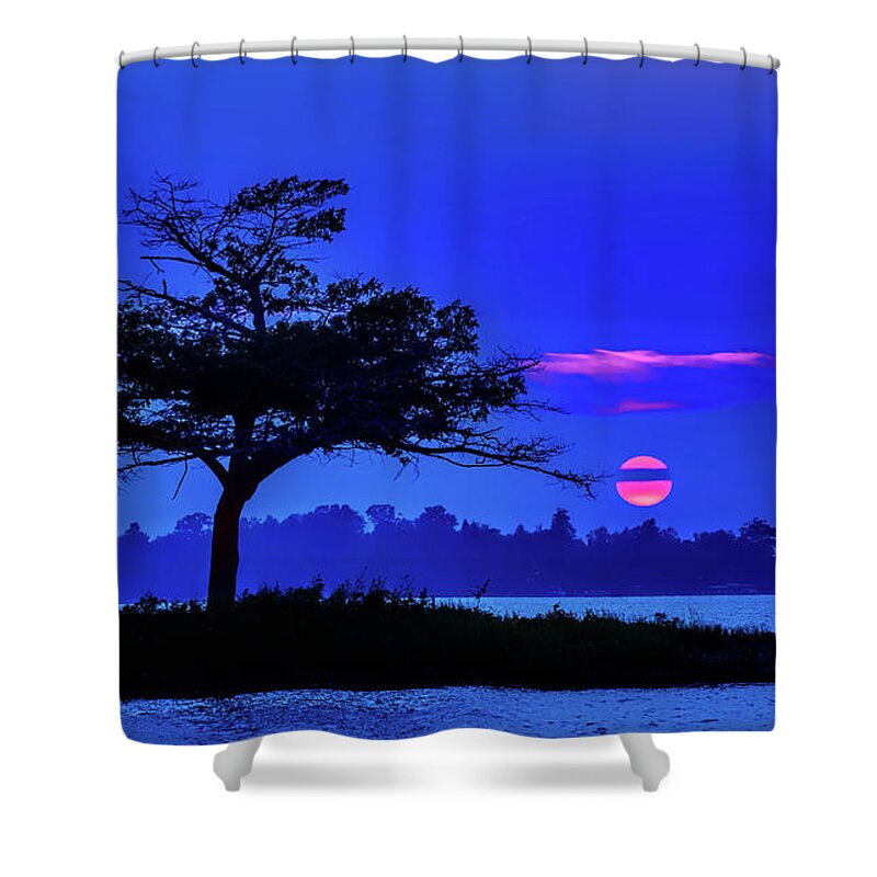 Cherry Red Sunset Shower Curtain featuring the photograph Higgins Lake Cherry Red Sunset by Joe Holley
