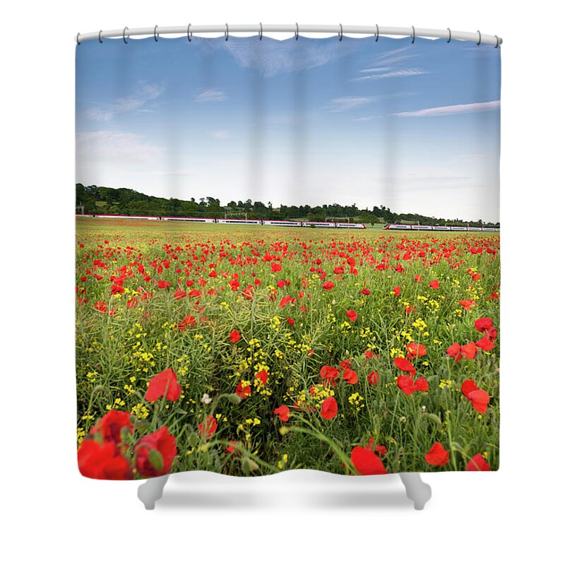 Train Shower Curtain featuring the photograph High Speed Train Travelling Through by Owenprice