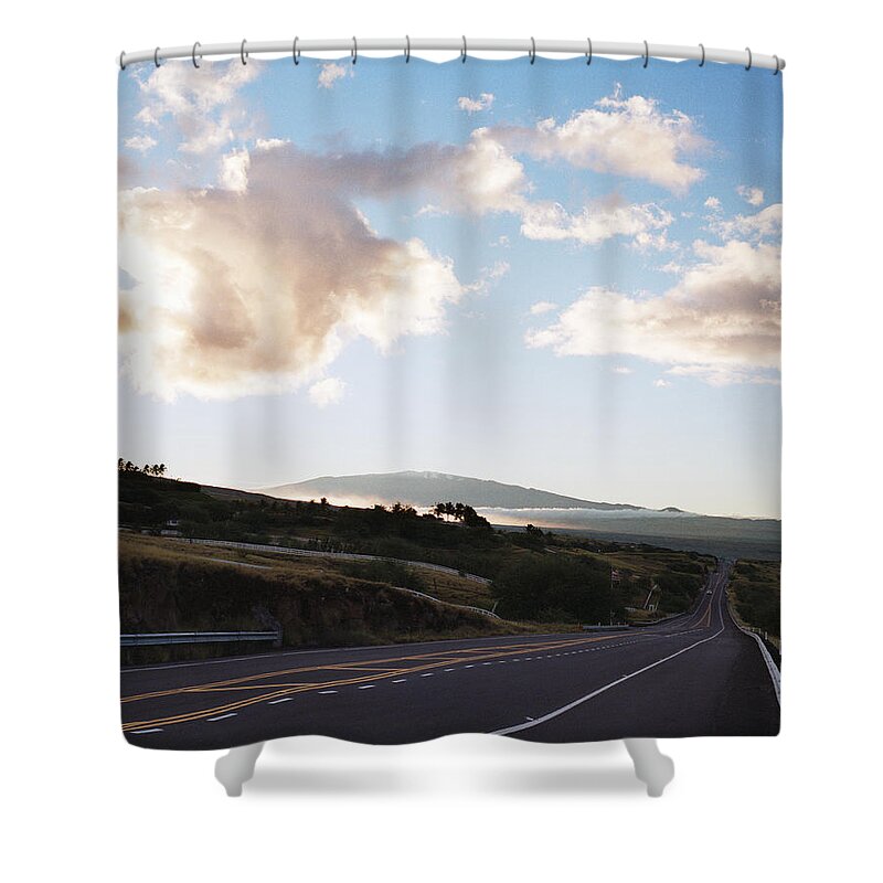 Dawn Shower Curtain featuring the photograph Highway At Dawn, Mauna Kea In Background by Beth Perkins