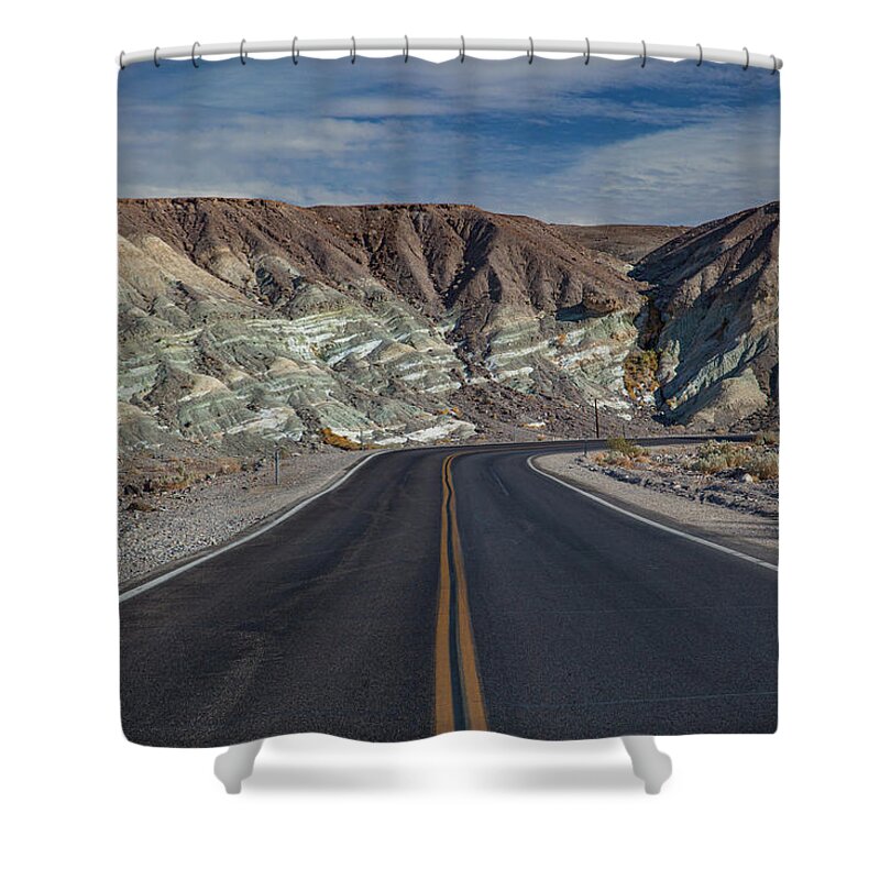 Alhann Shower Curtain featuring the photograph Highway Leaving Death Valley by Al Hann