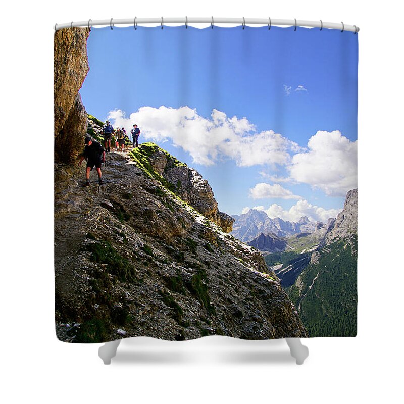 Dolomites Shower Curtain featuring the photograph Hikers on steep trail up Monte piana by Steve Estvanik
