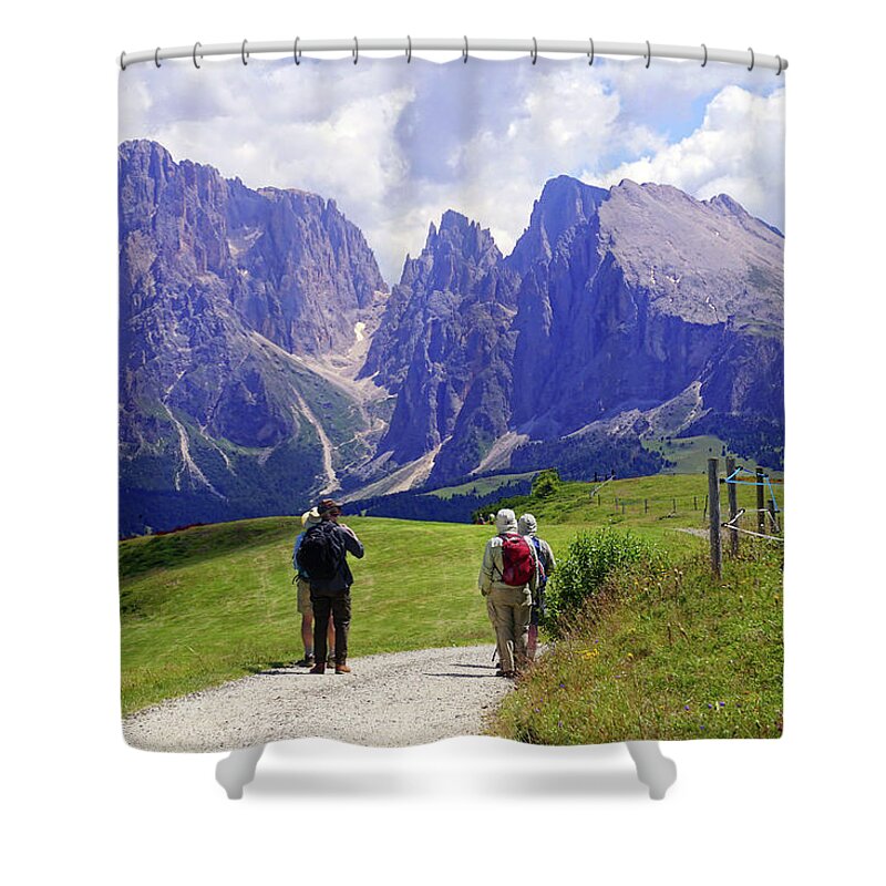 Dolomites Shower Curtain featuring the photograph Hikers walking towards the Langkofel by Steve Estvanik