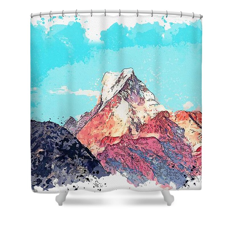 Flower Shower Curtain featuring the painting Himalayas - watercolor by Adam Asar by Celestial Images