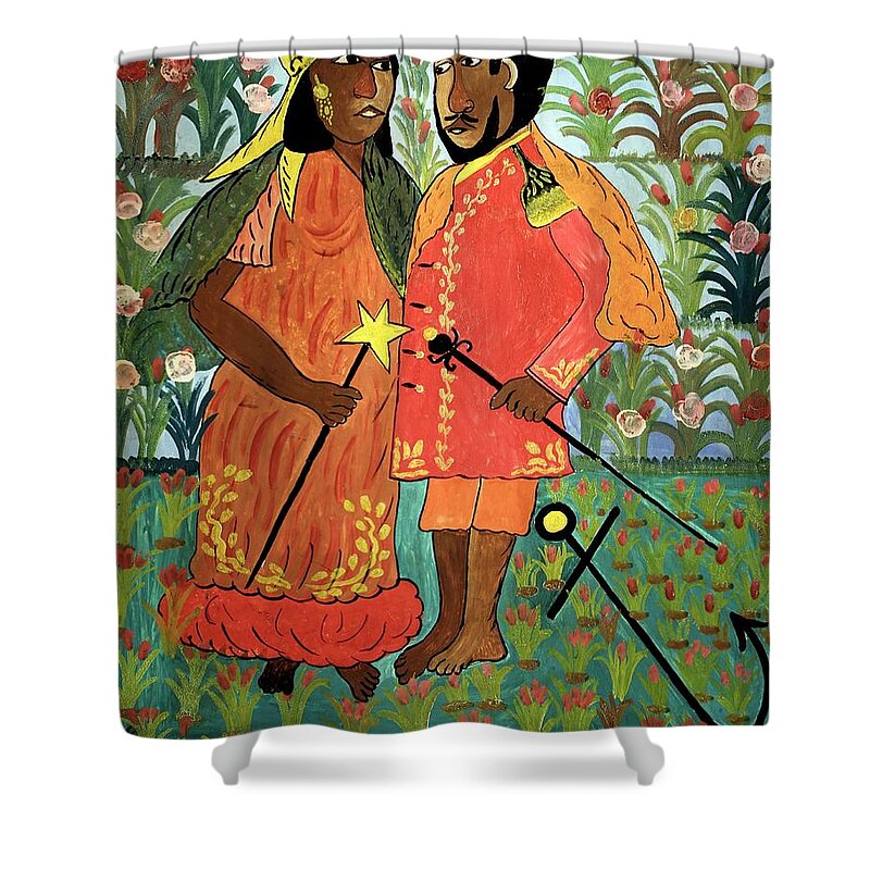 Hector Hippolite Shower Curtain featuring the painting Hippolite, Hector. Haitian Painter. 1894-1948. Ague And Its Consorte. Oil On Cardboard, 1945. by Hector Hippolite