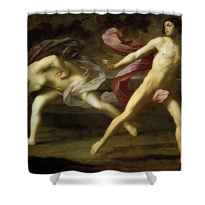 Guido Reni Shower Curtain featuring the painting 'Hippomenes and Atalanta', 1618-1619, Italian School, Oil on canvas, 206 cm x 297 cm... by Guido Reni -1575-1642-