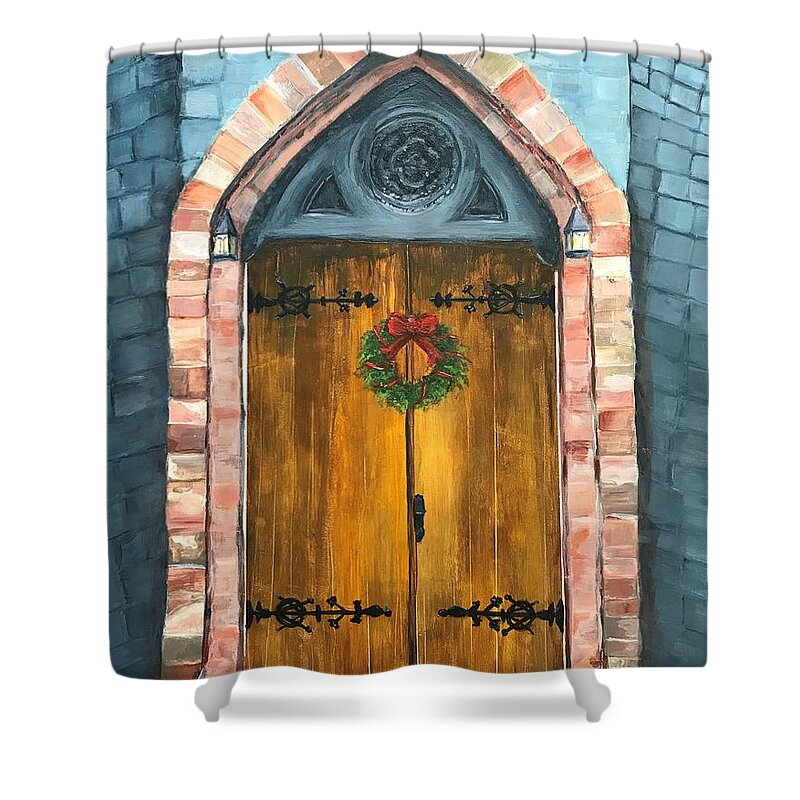 Church Shower Curtain featuring the painting Holiday Church Door by Deborah Naves